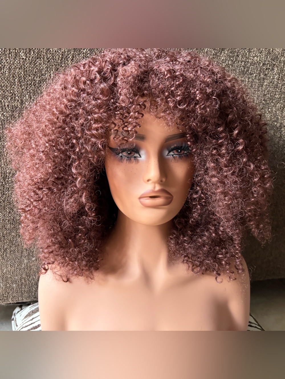 Curly Afro Wig - Rose Brown Curly Wig With Bangs 16” in